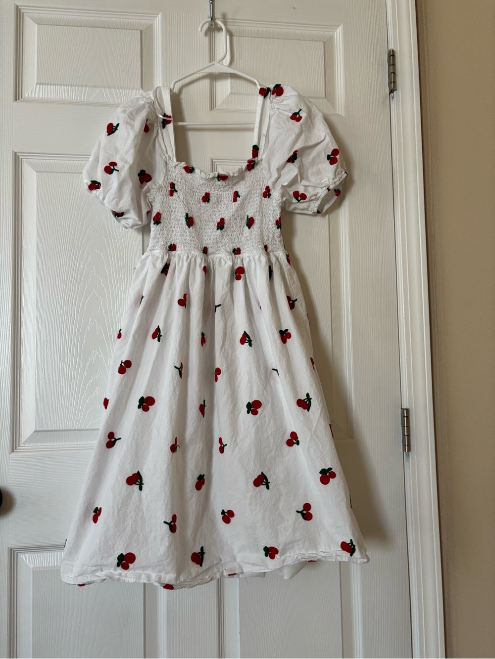 Women White Cherry-Print Puff Sleeve Dress